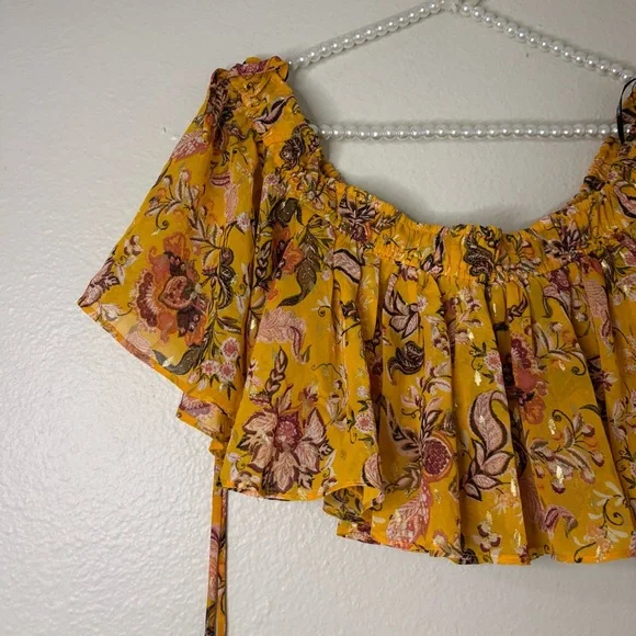 Forever 21 Women Yellow Floral Off The Shoulder Ruffle Crop Top - Picture 9 of 10